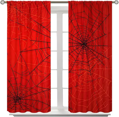 Vista 8 de Cortinas opacas de tela de araña aterradora para niños, tela de araña en blanco y negro, fondo rojo, dormitorio de niños, guardería, decoración