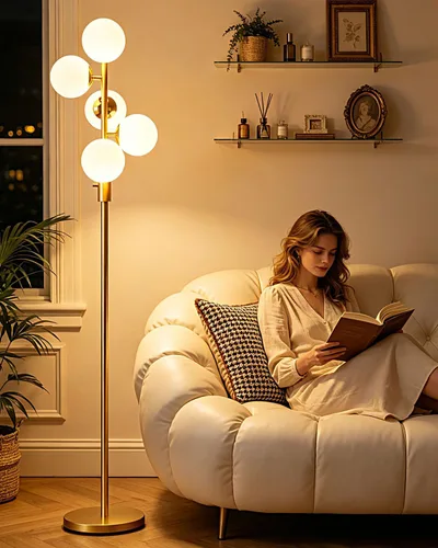 Vista 15 de Lightdot Lámpara de pie naranja de 63 pulgadas con poste en U, 2 lámparas de pie de mediados de siglo con globos y bombillas LED blancas cálidas