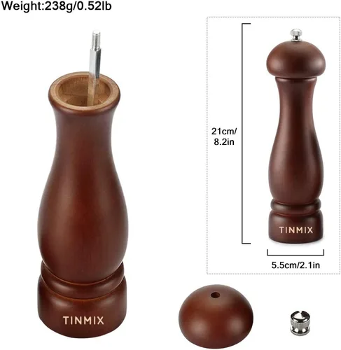 Vista 2 de Molinillo de madera para sal y pimienta, molinillo de pimienta de 8 pulgadas con rotor de cerámica ajustable de rugosidad, molinillo de sal marina