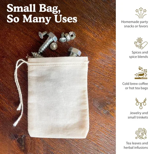 Vista 4 de Regency Wraps Bolsa con cordón 100% algodón, bolsas para guardar especias a granel, té, popurri y joyas, mini bolsas 100% algodón, 3 x 4 pulgadas
