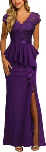 Vista 7 de MISSMAY Vestido largo de cóctel con volantes y encaje floral elegante para mujer Negro