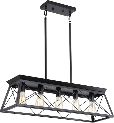 Vista 2 de Candelabros de granja para comedor, lámpara rústica para isla de cocina, lámpara colgante lineal de 5 luces, lámpara rectangular, luces de techo