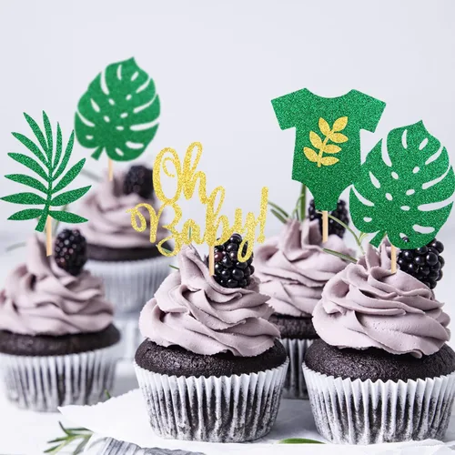 Vista 7 de Paquete de 24 adornos para cupcakes Oh Baby – Paleta de hojas de palmera, safari en la selva, Luau, revelación de género, baby shower, niños, fiesta