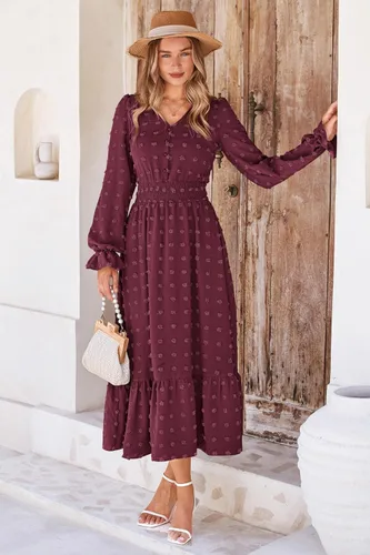 Vista 2 de MASCOMODA Vestido largo para mujer, manga larga, cuello en V, lunares suizos, bohemio, fruncido, cintura alta, acampanado, con escalonados, vestidos