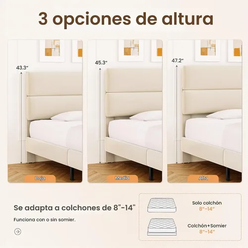 Vista 3 de GRUSIGN Base de cama de plataforma de tamaño individual con cabecera de terciopelo, soporte de listones de madera de altura ajustable, base
