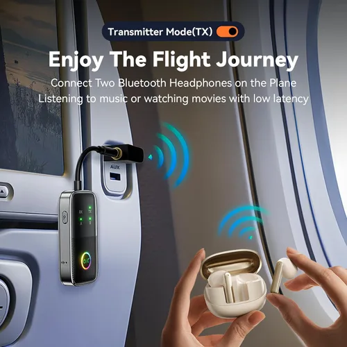 Vista 3 de Receptor transmisor Bluetooth A5 Pro, adaptador Bluetooth de avión 2 en 1 para aviones, televisores, gimnasios, admite conexión de 2