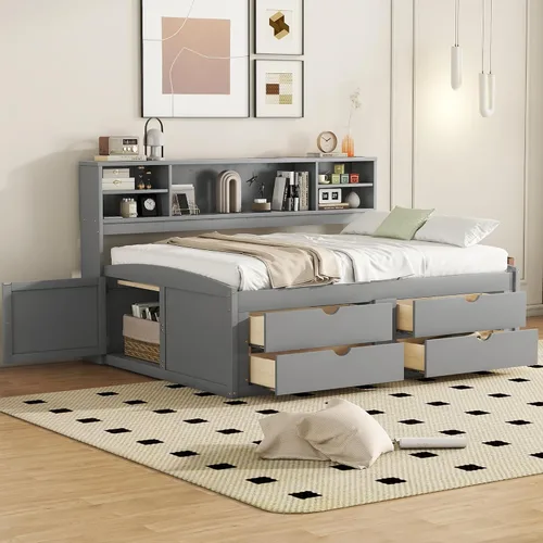 Vista 13 de DEINPPA Cama capitán completa con cabecera de almacenamiento, sofá cama matrimonial con cajones y armarios, marco de cama de plataforma de madera