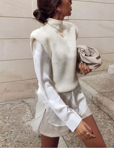 Vista 4 de Himosyber - Suéter de punto, unicolor y sin mangas para mujeres, chaleco elegante y elástico con cuello alto, manga casquillo