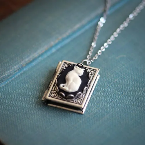 Vista 2 de Zian Collar de gato Cameo con cerradura de libro, collar cuadrado con medallón de fotos, collar para amantes de los libros, Zinc, No es una piedra