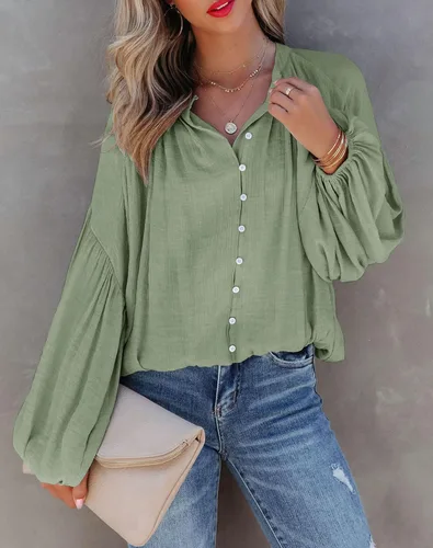 Vista 4 de Sunborui Womens Balloon Long Sleeve Button Up Tops Relaxed Fit Casual Shirts Lightweight Cute Blouses