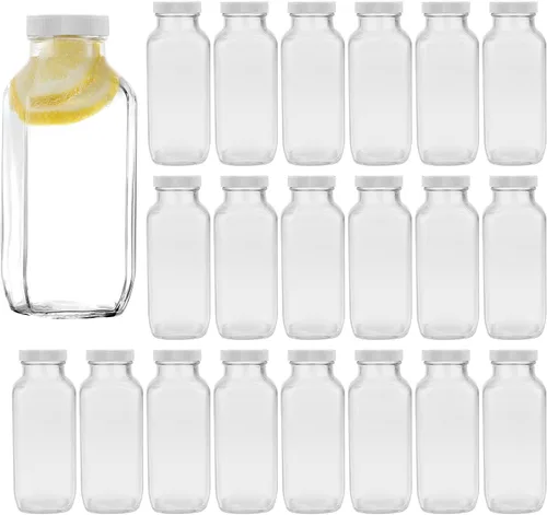 Vista 9 de Botellas para beber bebidas de 12 onzas, botella de agua de vidrio con tapas, octogonal vintage de 11.8 fl oz, botellas de jugo para almacenamiento