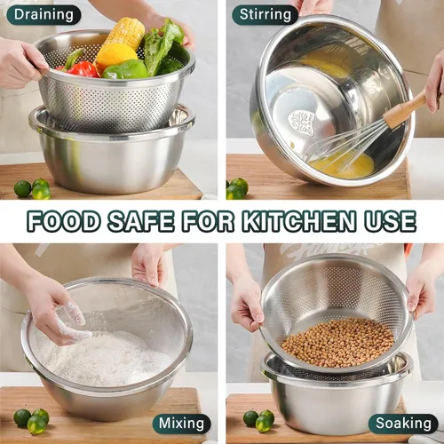 Vista 3 de Colador de Acero Inoxidable 304 de 2QT Colador Microporoso y Tazón de Mezcla para Cocina, Colador de Arroz con Cuenco de Lavado para Colar Pasta