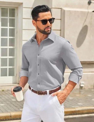 Vista 24 de COOFANDY Camisa de vestir casual de mezclilla con botones y manga larga para hombre