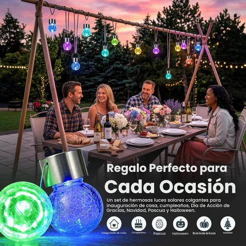 Vista 7 de Solpex Luces solares colgantes al aire libre, paquete de 8 luces decorativas de bola de vidrio agrietado, iluminación solar impermeable, luces