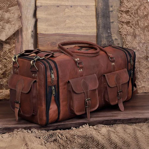 Vista 7 de Bolsa de lona de cuero genuino de 24 pulgadas, hecha a mano, vintage, bolsa de equipaje para hombres, bolsa de viaje para hombre, bolsa de lona