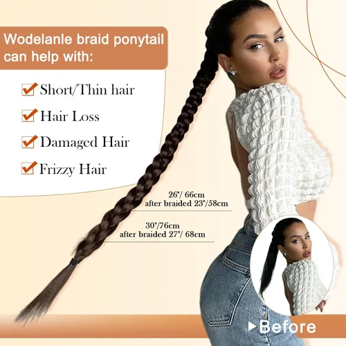 Vista 4 de Extensión de cola de caballo larga trenzada con banda para el cabello, color marrón claro, extensiones de cabello sintético suave y natural