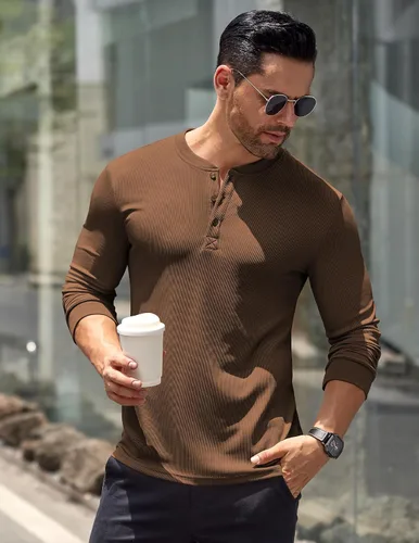 Vista 83 de COOFANDY Camisas Henley de manga larga para hombre, camisetas elásticas acanaladas, camisetas básicas casuales de moda