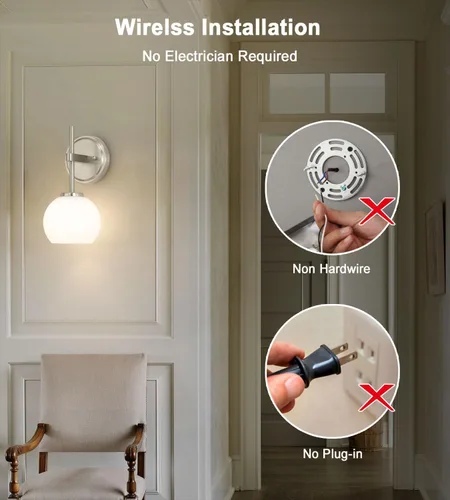 Vista 3 de Juego de 2 apliques de pared de níquel cepillado que funcionan con pilas, iluminación de pared inalámbrica recargable con control remoto, luces