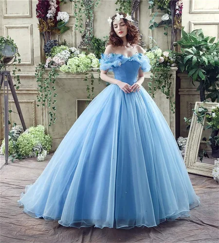 Vista 3 de Vestido de baile azul 2021, vestido de baile de graduación, vestido de princesa Cenicienta, vestido de cosplay con hombros descubiertos, vestido