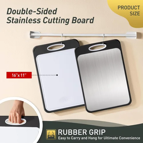 Vista 2 de Tabla de cortar de acero inoxidable 2 en 1 con mango para cortar las mejores tablas de cortar no tóxicas Tablas de cortar de 2 caras para cocina