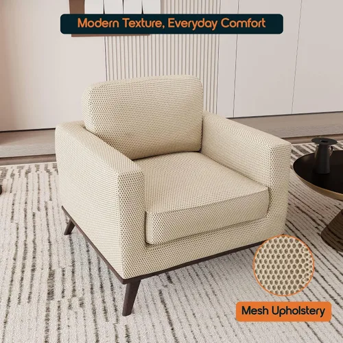 Vista 5 de LeisureMod Silla con brazo decorativo de cuero y malla, moderna con patas de madera de abedul para sala de estar, dormitorio u oficina, colección