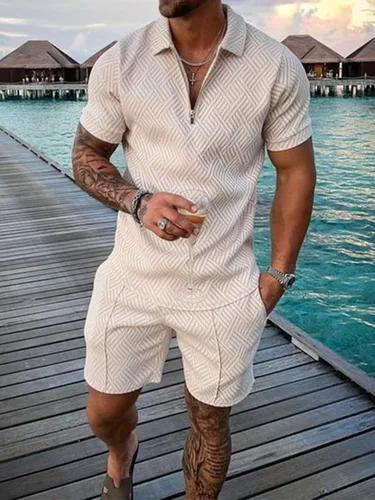 Vista 2 de Conjunto corto de 2 piezas para hombre, camiseta polo, conjunto casual de verano de manga corta y pantalones cortos para hombre