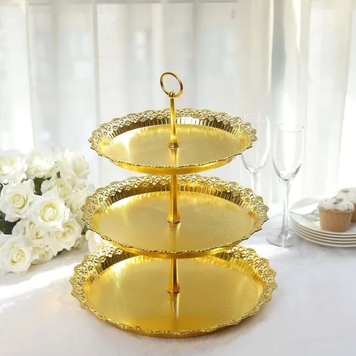 Vista 11 de Efavormart - Soporte de plástico transparente para cupcakes de 3 niveles con borde barroco dorado en relieve, soporte redondo de postres