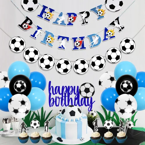 Vista 2 de Decoración de fiesta de cumpleaños de fútbol para niños con tema de fútbol, guirnalda de cumpleaños de fútbol, decoración de cupcakes, globos