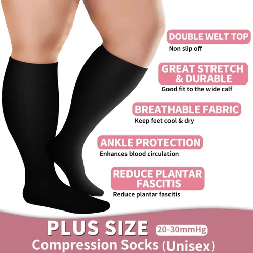 Vista 4 de Laite Hebe Calcetines de compresión de talla grande para mujeres y hombres, 3 pares de pantorrilla ancha hasta la rodilla, soporte alto