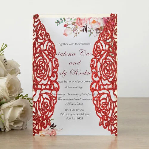 Vista 3 de AdasBridal 50 tarjetas de invitaciones de boda burdeos con sobres de 5 x 7 pulgadas, en blanco, 250 GSM, insertos de papel de pera con purpurina