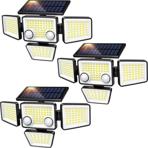 Vista 9 de LYWALT Luces solares para exteriores – 3000 lm, 188 luces LED con sensor de movimiento, 4 cabezales IP65, luces de inundación de seguridad
