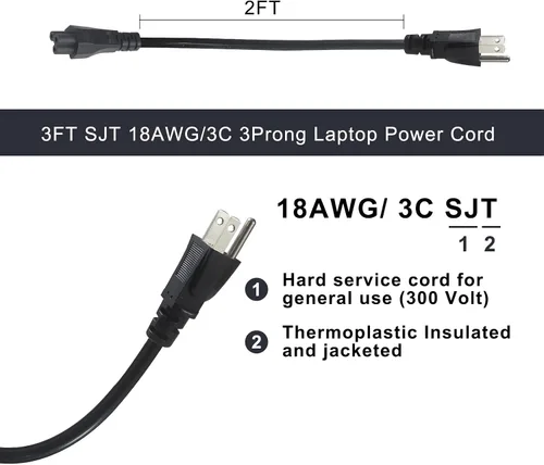 Vista 3 de Cable de alimentación universal de 3 clavijas para laptop, cable de alimentación de CA de repuesto de 2 pies, NEMA 5-15P a conector IEC-60320 C5