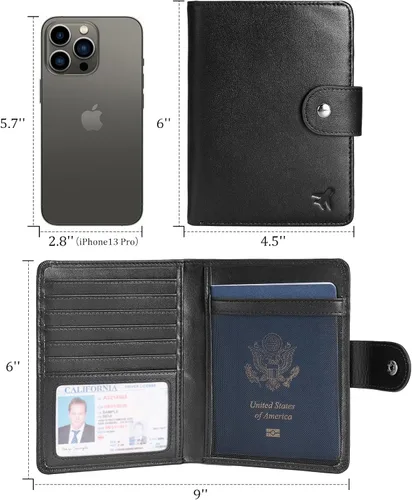 Vista 7 de Polare - Cartera de pasaporte de viaje plegable de cuero de grano completo para hombre, delgada con bloqueo RFID, Negro -, Slim