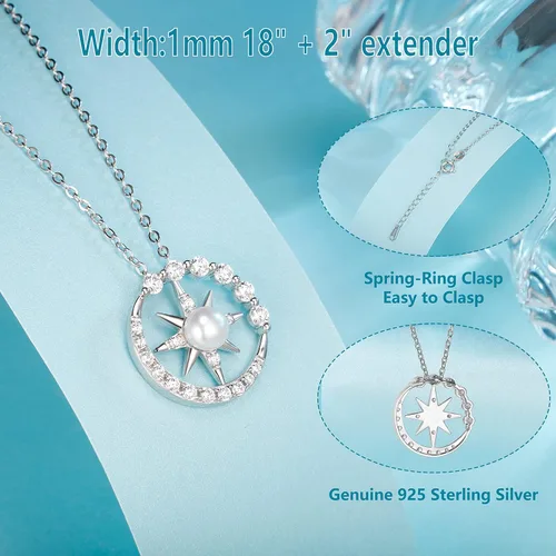 Vista 3 de Collar de perlas, brújula, regalo para esposa, joyería fina, aniversario de boda, plata de ley S925, colgante de Navidad, Día de la Madre, regalos