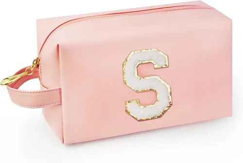 Vista 37 de Bolsa de maquillaje personalizada con inicial con asa, bolsa de cosméticos de preparación con bolsillo interior con cremallera, 8, 9, 10, 11, 12 Rosa