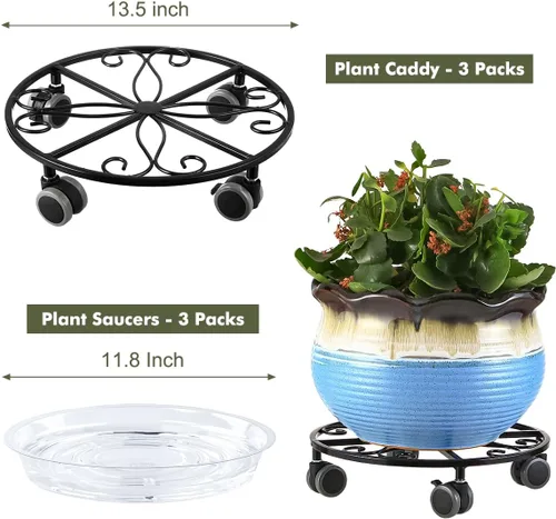 Vista 3 de Pack de 3 organizadores para plantas con ruedas de alta resistencia de 13.5 pulgadas, soporte metálico con ruedas, plataforma rodante para plantas