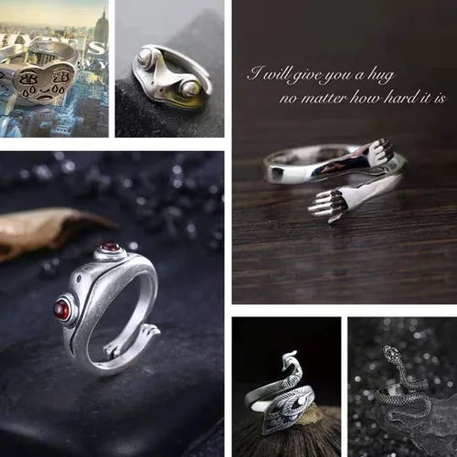 Vista 3 de Juego de 12 anillos de rana chapados en plata lindo paquete de anillos abiertos de animales anillos a juego góticos vintage lindos y elegantes