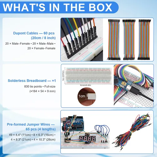 Vista 4 de Kit de 1530 piezas de componentes electrónicos – Set de inicio para laboratorio electrónico 830-Tie Breadboard, resistencias de película metálica