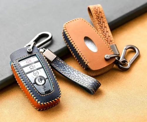 Vista 4 de Funda de llavero para Ford, funda de piel auténtica con llavero para Ford, Azul