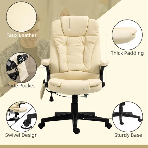 Vista 7 de HOMCOM, silla de oficina ejecutiva, ergonómica, piel sintética, con calor, masaje vibratorio., Cuero, Crema