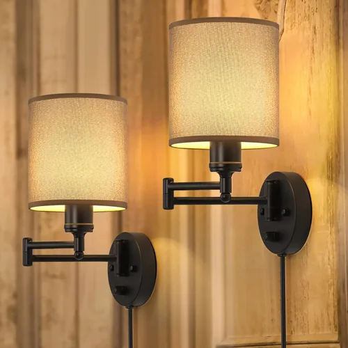 Vista 8 de CADUKE Juego de 2 apliques de pared enchufables, lámparas de pared con brazo oscilante Moderno, Accesorios de iluminación de pared para Lino