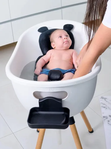 Vista 3 de Bañera de lujo para bebé con soporte de madera, diseño convertible de 3 etapas, ergonómico y protector de espalda (paquete negro (moderno))