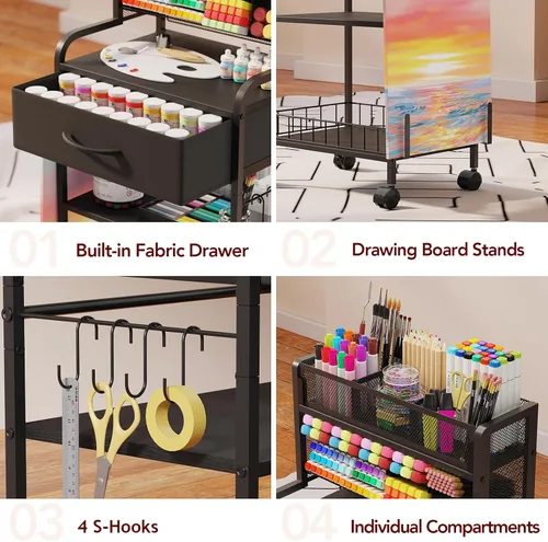 Vista 7 de Homsorout Carrito de arte, carrito rodante de 3 niveles, carrito utilitario con cajón de almacenamiento y ruedas, organizador versátil de arte