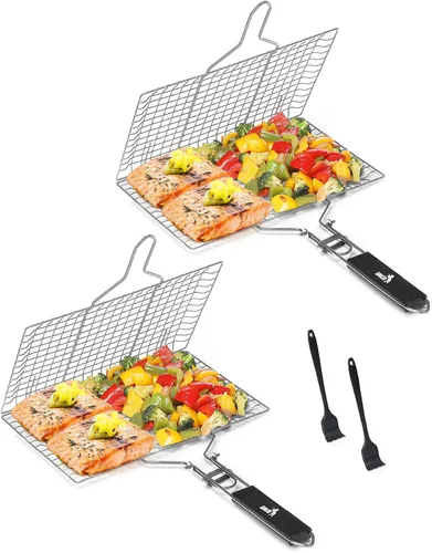 Vista 9 de UNCO- Cesta para parrilla de barbacoa, plegable, portátil, de acero inoxidable, con mango de madera extraíble y cepillo para untar, para verduras