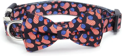 Vista 3 de Collar para perro con bandera estadounidense, ajustable de nailon suave con corbatín para mascotas, collares para cachorros para perros pequeños