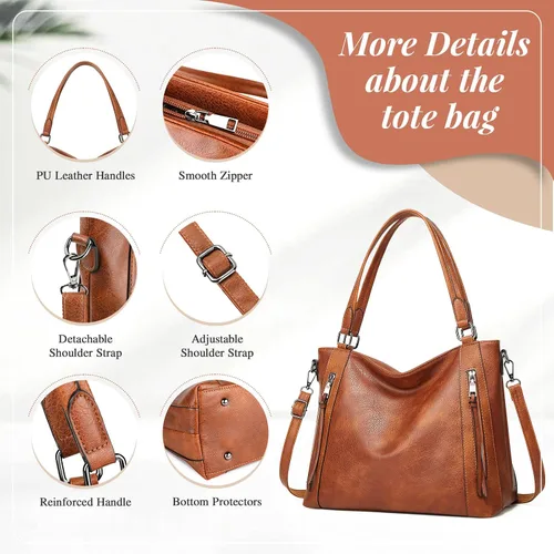 Vista 4 de UBORSE Bolsas de mano para mujer, bolsos y bolsos de mano con asa superior, bolso de hombro suave, bolso de mano para mujer, de cuero vegano, juego