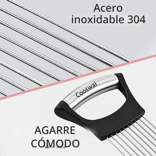 Vista 5 de Cooswai Soporte de cebolla inoxidable para rebanar, asistente de cocina, verduras - Herramienta de rebanadas de picadora mejorada, asistente