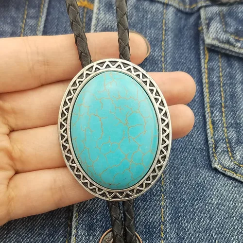 Vista 4 de SELOVO Genunie - Corbata de cuero estilo bolo nativo occidental con piedra