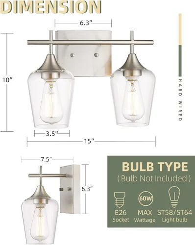 Vista 6 de WL9167-2C - Lámpara de baño de níquel cepillado de 15 pulgadas, lámpara moderna de pared de baño de granja con vidrio transparente