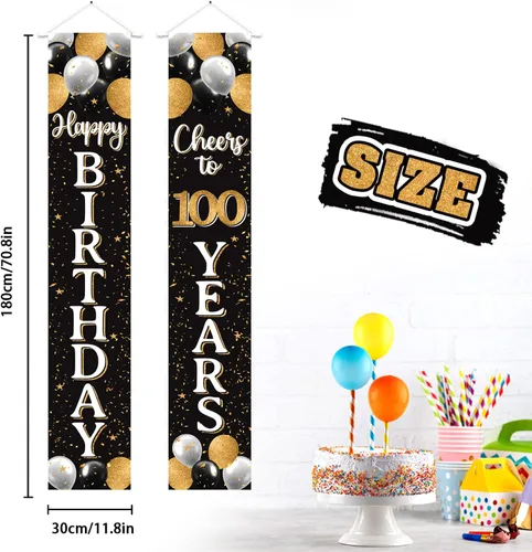 Vista 2 de Decoración de feliz cumpleaños número 100, globo negro y dorado número 100 para colgar en la puerta, letrero para colgar en la puerta, suministros